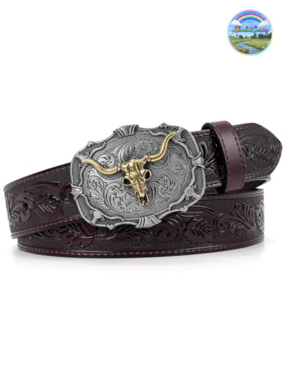 Embossed Leather Western Cowboy Belt Horse Buckle